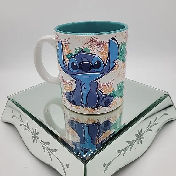 Disney Lilo & Stitch Tropical 20oz Ceramic Mug Large Floral White Teal Inside - Picture 2 of 12